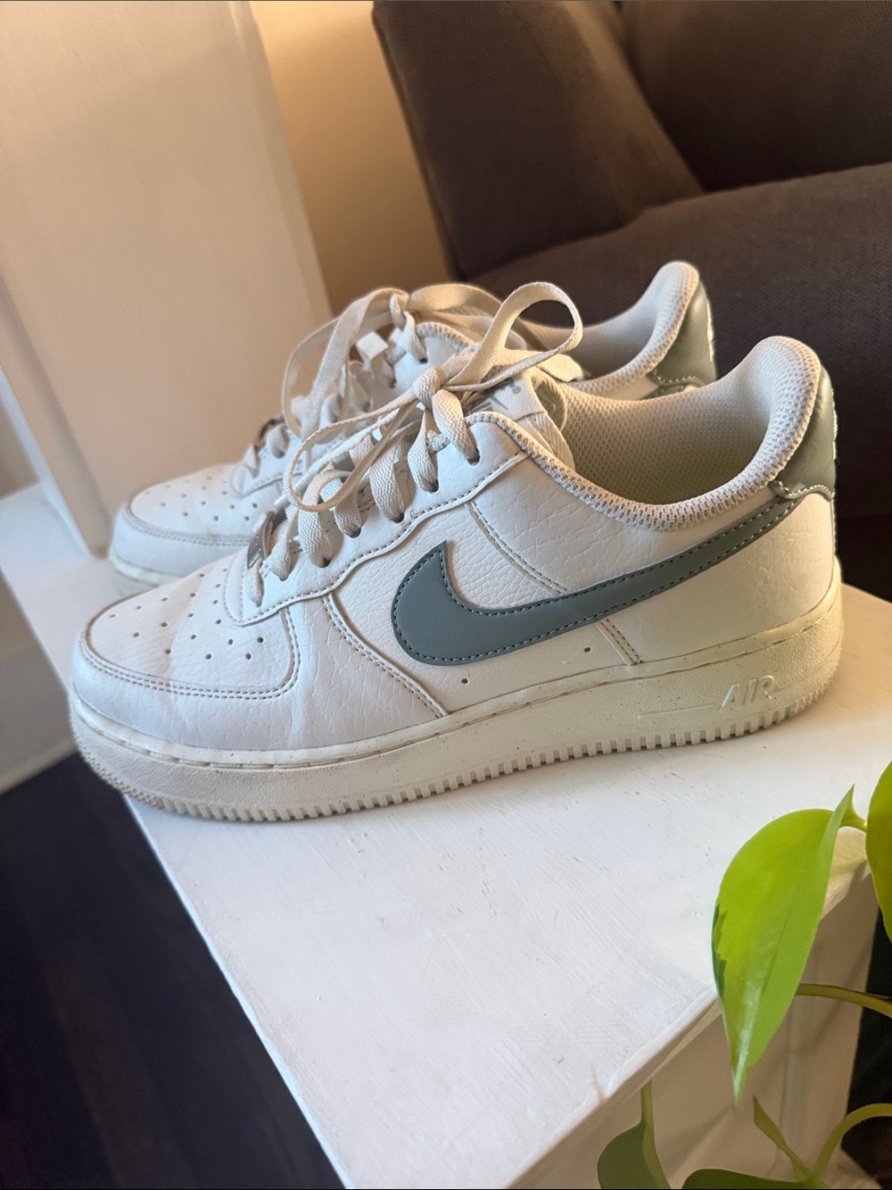 Nike Low-Top Leather Sneakers in White with Sage Swoosh
